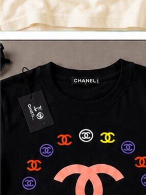 CHANEL Black Kids Tee with Multicolor Logo Accents